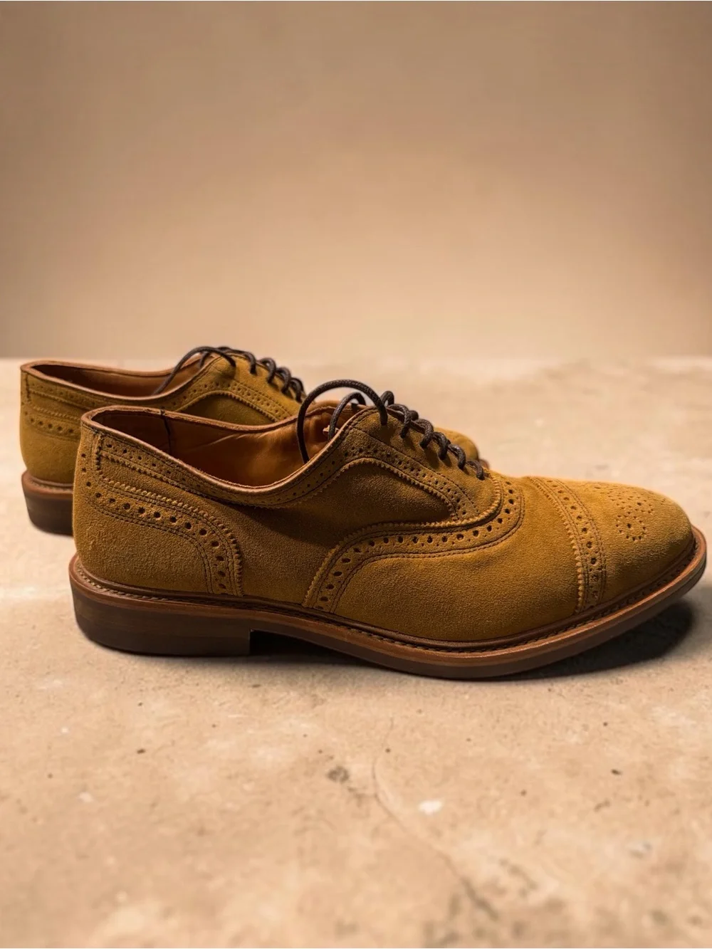 Allen Edmonds Mustard Tan Suede Brogue Oxfords